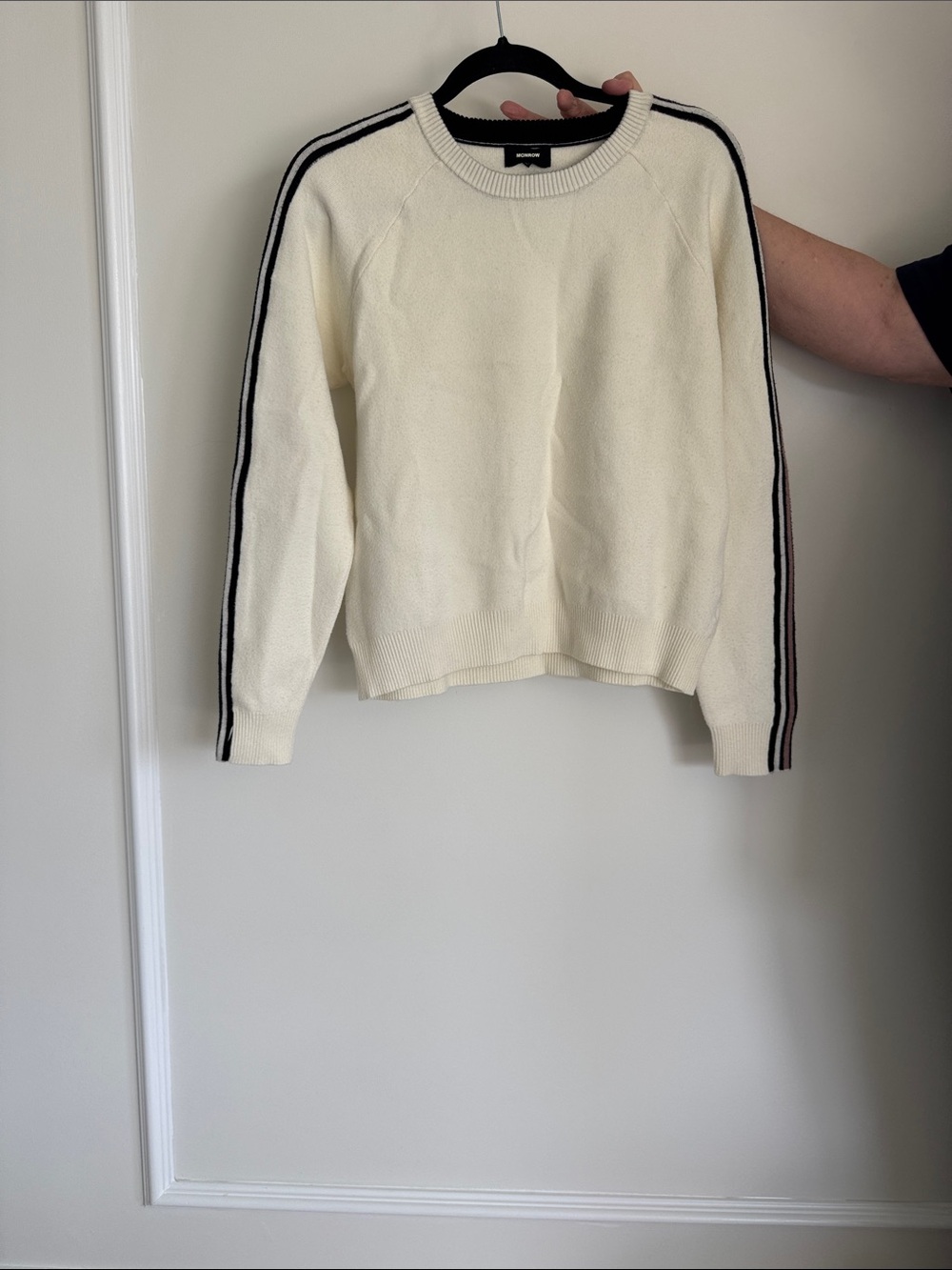 Monrow Cream Crewneck Sweater with Black Stripe Sleeve Detail